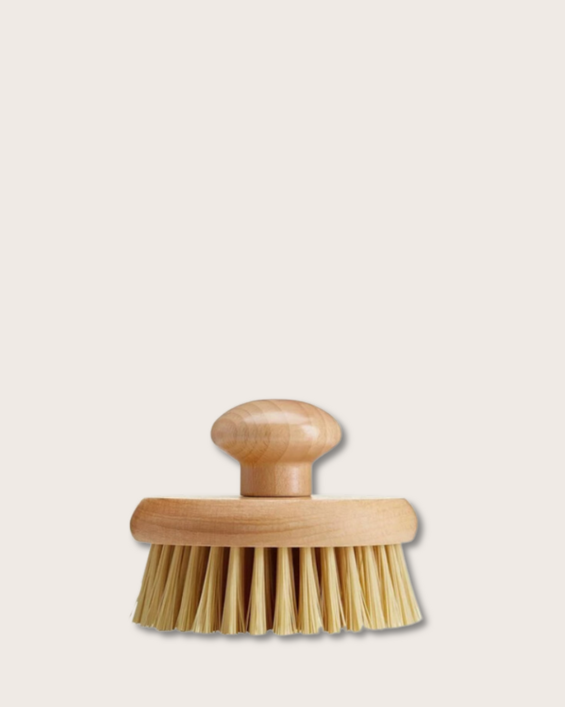 Brosse exfoliante en bois ronde avec poignée et fibres naturelles