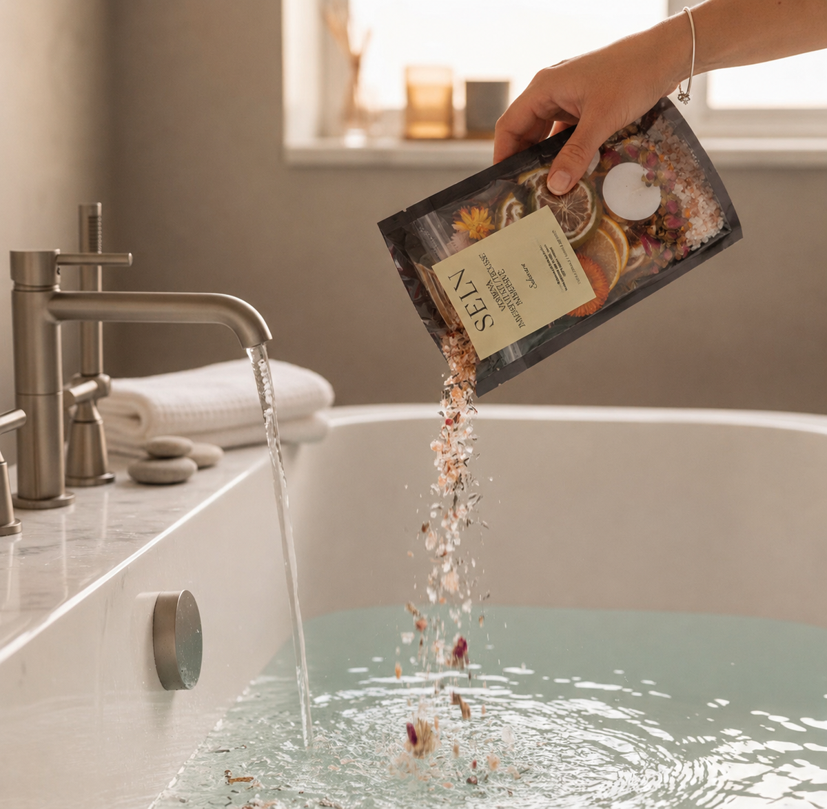 femme qui verse un sachet de sel de bain dans son bain.
